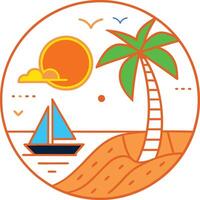 Illustration of a tropical sunset scene, featuring palm trees against an orange sky and mountains. vector