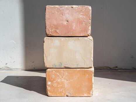 Stack of three rectangular bricks on a concrete floor photo