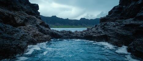 Dramatic seascape with rocky cliffs and crashing waves. photo