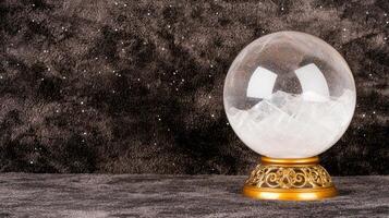 A crystal ball with a golden stand on a textured background photo