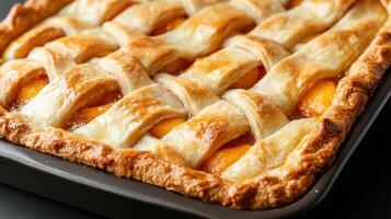 A delicious homemade peach pie with a lattice crust. photo
