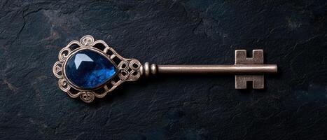 An ornate antique key with a blue gemstone on a dark textured background photo