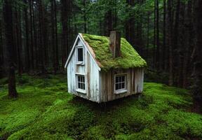 A tiny house covered in moss sits in a forest photo