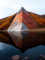 Striking pyramid mountain reflected in a serene lake during autumn photo