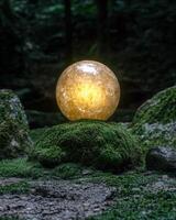 Glowing orb on a mossy mound in a forest photo