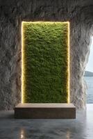 A modern moss wall with glowing edges and a stone platform in a cave setting photo