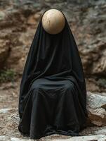 Figure draped in black cloth with a spherical head sitting outdoors photo