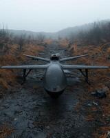Unmanned aerial vehicle on a foggy path photo