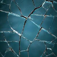Broken glass shards with a blue background, symbolizing fragility and damage photo
