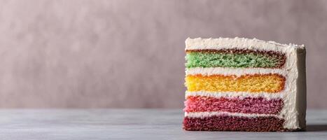 A colorful slice of rainbow cake with frosting photo