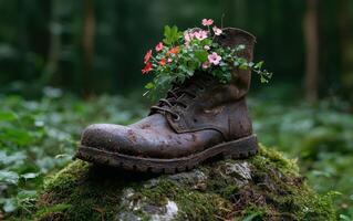 Old boot with flowers growing out of it on a mossy rock in the forest photo