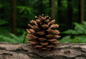 Pine cone on a log in a forest setting photo