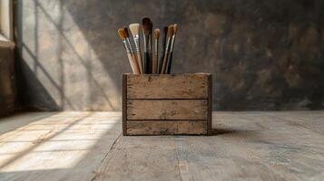 Paint brushes in a wooden box on a wooden table photo