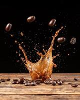 Coffee splash with flying coffee beans photo