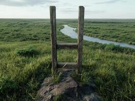 A rustic wooden ladder stands on a grassy hill overlooking a river photo