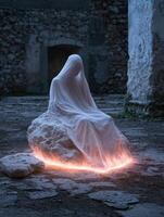 Mysterious figure draped in white sitting on a glowing rock in a stone courtyard photo