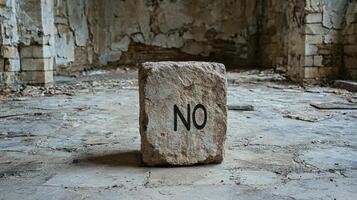 A stone block with the word NO in an abandoned room photo