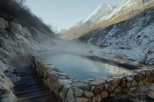 Hot spring in a snowy mountain valley photo