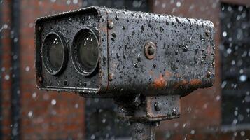 Old binoculars in the rain, close up photo