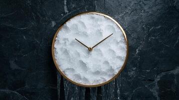 A modern clock with ice inside a gold frame on a dark stone background photo