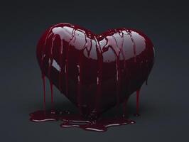 A heart shape covered in dripping red liquid on a dark background photo