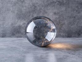 Abstract crystal ball on concrete surface reflecting the surrounding environment photo