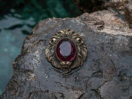 A vintage lion brooch with a red gemstone on a rock photo