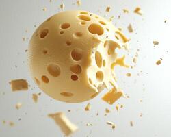 Swiss cheese sphere with holes and crumbs floating in the air photo