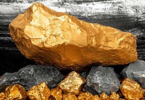 A large gold nugget surrounded by smaller nuggets and rocks photo