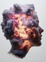 Conceptual image of a womans head filled with clouds and stars photo