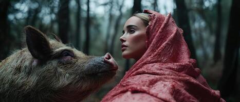 A woman in a red hood stands face to face with a wild boar in a forest photo