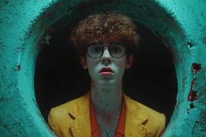 Portrait of a young man with freckles and glasses looking through a hole photo
