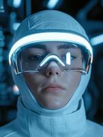 Futuristic woman wearing vr headset in a science lab photo