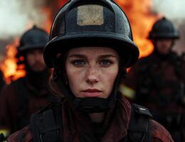 A determined firefighter stands ready in front of a fire photo