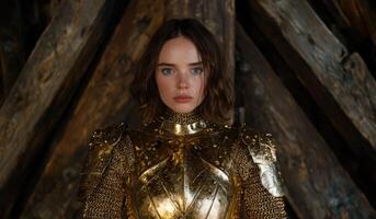 A woman in golden armor stands in front of a wooden structure photo