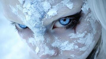 Close up of a womans face covered in snow and ice with piercing blue eyes photo