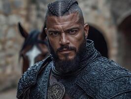 A warrior in ornate armor with a stern expression photo