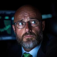 Worried businessman looking at stock market data on a screen photo