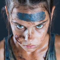 Determined young person with face paint and dirt photo