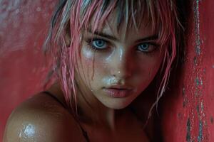 A wet woman with striking blue eyes looks intensely at the viewer photo