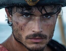 A handsome pirate with a weathered face stares intensely at the camera photo