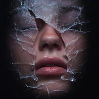Face behind shattered glass, a conceptual image representing fragility and vulnerability photo