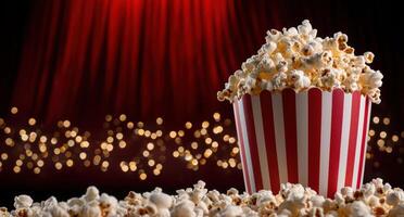 A bucket of popcorn in front of a red curtain and bokeh lights photo