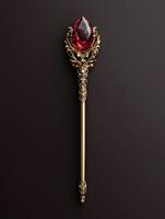 Ornate golden scepter with a large red ruby photo