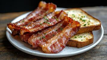 Crispy bacon strips and toast on a plate photo