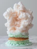 A stack of fluffy pancakes with colorful toppings photo