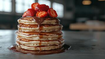 A stack of pancakes topped with strawberries and chocolate sauce photo