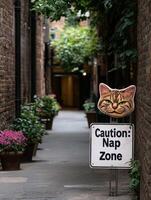 A humorous sign in a narrow alleyway reads Caution Nap Zone with a cat face above it photo