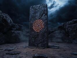 Mystical stone monolith with glowing spiral symbol in a dark landscape photo