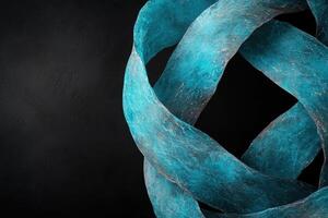 Abstract teal ribbon intertwined on a dark background photo